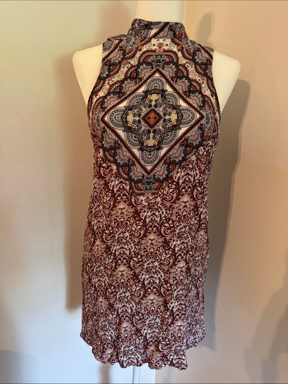 American Eagle Outfitters Burgundy and Cream Paisley Halter Mini Dress Size S